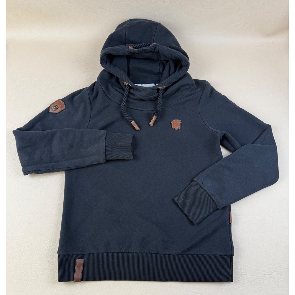 Naketano Large Hoodie Cowl Neck Navy Cotton Blend Faux Leather Patch